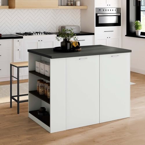 Miniatura 2 de Idmarket Ilot Central Tibo 120 Cm, Madera Blanca Con Encimera Gris Antracita