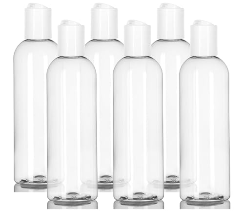 ljdeals 8 oz Clear Plastic Empty Bottles with White Disc Top Caps, Refillable Containers for Shampoo, Lotions, Cream and More Pack of 6, BPA Free, Made in USA2