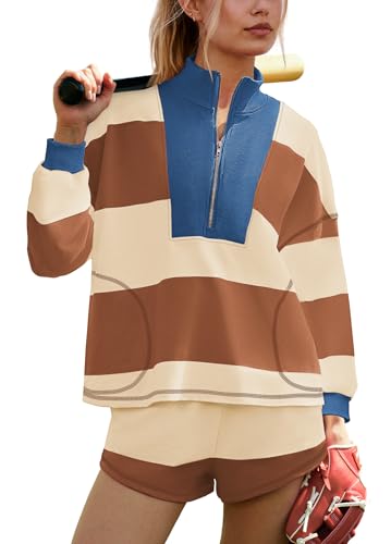 ReachMe Womens Striped Workout Sets 2 Piece Fall Outfits Matching Lounge Sets Long Sleeve Tops and Shorts with Pockets