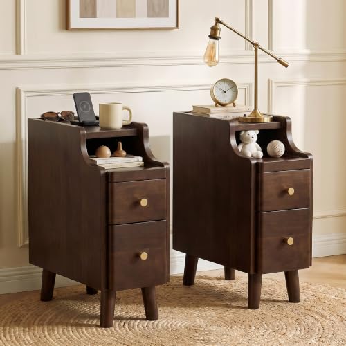 Image of Narrow Nightstand with Drawers Set 2, Pre-Assembled Solid Wood Small Skinny Night Stand with Open Sliding Shelf Slim Bedside Table for Bedroom, Slim Side Table 2, Black Walnut, 8 inch