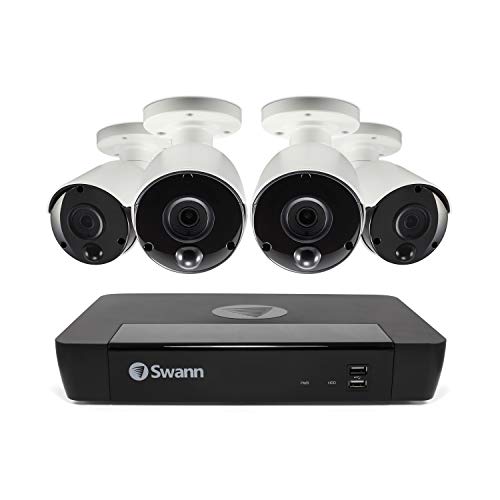 Swann 8 Channel 4 Camera Security System, PoE Wired Surveillance 4K Ultra HD NVR 2TB HDD, Audio Capture, Indoor/Outdoor, Heat & Motion Detection + Night Vision, Google Assistant + Alexa, SWNVK-885804