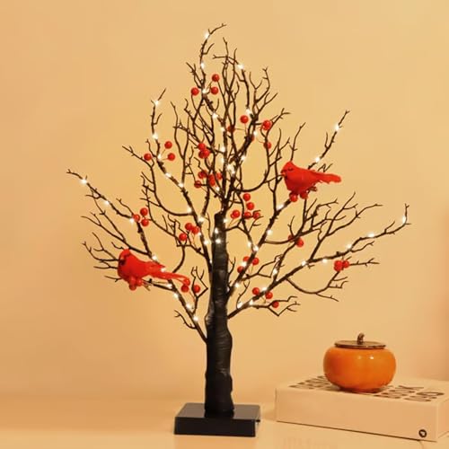 Arbre Lumineux Vintage avec Cardinaux, Arbre avec Cardinaux et Baies, Arbre Lumineux Vintage à LED, Lampe Twinkle Trees avec Branches illuminées, pour Halloween et Noël