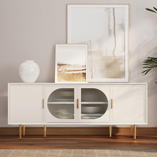 ARTPOWER TV Stand with Storage, 66' Modern TV Entertainment Center for TVs up to 75 Inch, Under TV Cabinet with Glass Door, TV Console Media Center for Living Room, Bedroom, White