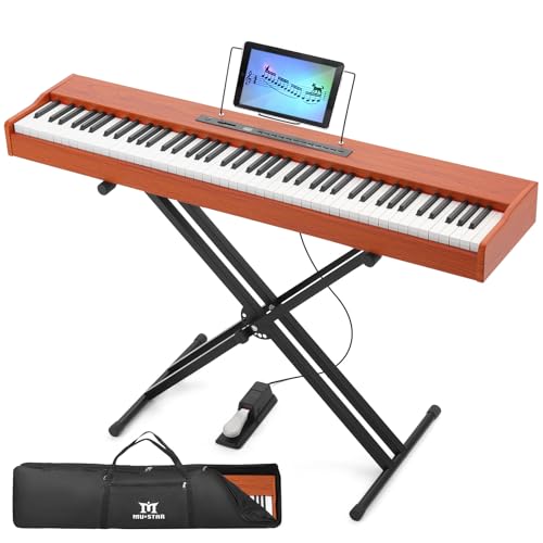 MUSTAR Digital Piano 88 Weighted Keys with Stand, Full Size 88 Key Piano Keyboard Weighted, Electric Keyboard Piano, Bluetooth Connection, Case, Sustain Pedal (Brown, Touch-response Key)