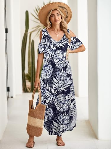 Image of BELAROI Womens Cold Shoulder Maxi Dress Plus Size V Neck Summer Sundresses with Pockets Beach Coverup Vacation Outfits