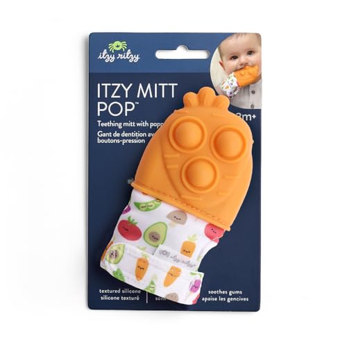 Image of Itzy Ritzy Silicone Teething Mitt - Soothing Infant Teething Mitten with Adjustable Strap, Crinkle Sound & Textured Silicone to Soothe Sore & Swollen Gums - for Ages 3 Months & Up (Carrot)
