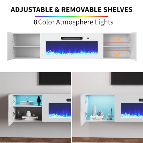 Image of AMERLIFE Floating TV Stand with 36 inch Electric Fireplace, High Gloss Finish Wall Mounted Fireplace Entertainment Center with Storage for TVs Up to 78 inch, All White