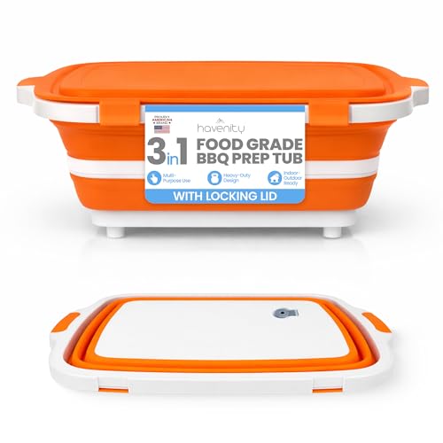 Havenity BBQ Prep Tub 8L - Multifunctional Collapsible Camping Cutting Board with Upgraded Locking Lid, Meat Storage Container for Meal Prep, Dish Basin Bowl Perfect for Grilling Outdoor (Large)