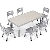 Arlopu Kids Study Table and 6 Chairs Set Height Adjustable Graffiti Table Preschool Activity Art Craft Table for 6 Multifunctional Toddler Table Reading Drawing Eating Interaction Gray