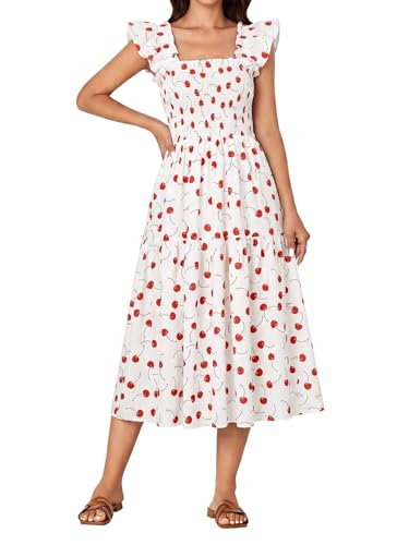 Image of Rooscier Women's A Line Smocked Midi Dress | Summer Sleeveless Square Neck Casual Sundress