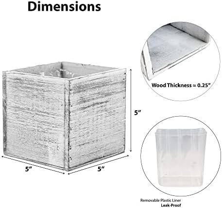 CYS EXCEL 2 PCS 5" White Cube Planter Box with Removable Plastic Liner | Multiple Choices Natural Wood Square Planter | Indoor Decorative Window Box image 5