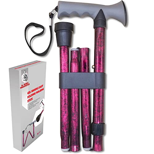 Dr. Bone's Therapeutics ® Easy Folding Walking Stick – Gel Handle Height Adjustable Comfort Grip Collapsible Folding Cane for Men & Women Adjustable Length Lightweight Walking Sticks - Red Crackle