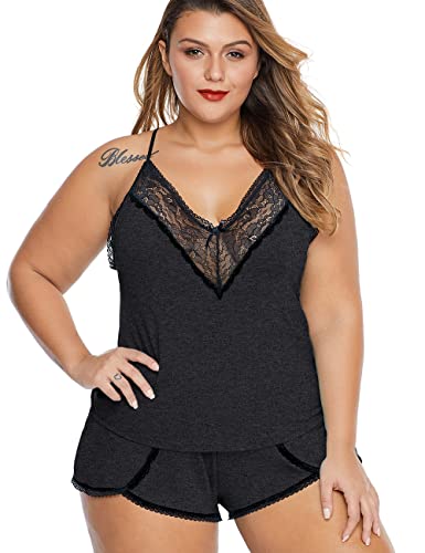 Image of Women Plus Size Pajamas Cami Shorts Set Nightwear Sexy Lace Lingerie Sleepwear