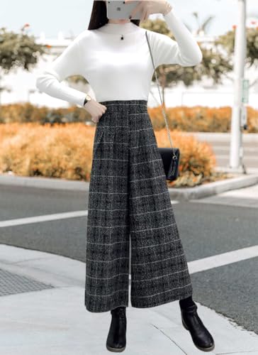 chouyatou Women's Winter High Waist Wide Leg Plaid Wool Blend Palazzo Capri Pants Culottes with Pockets4