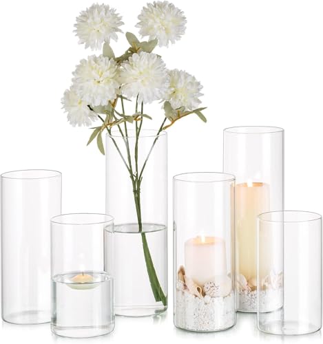 Glasseam Cylinder Vase for Flowers, Clear Glass Vases Set of 6, Modern Flower Vase Decorative Vase for Wedding Table Centrepieces, Hurricane Vases for Pillar Candles Table Decoration (15/20/25cm)