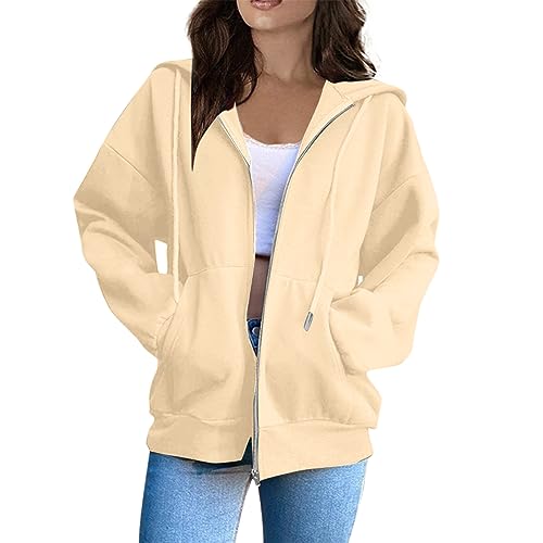 Womens Hoodies, Womens Plain Zip Up Hoodie Ladies Hoody Soft Casual Hooded Sweatshirt Top Long Sleeve Jacket Jumper 18th Birthday Gifts for Girls,Beige,L,U02K