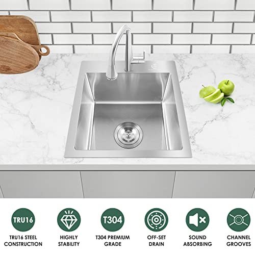 Burchain 17 X 15 Inch Drop In Kitchen Sink Top Mount Bar Sink 16 Gauge Stainless Steel Single Bowl Workstation With Sink Protector (Brushed Nickel) #TOP3