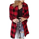 VEMOW Damen Buffalo Karo Flanell Langarm Knopfleiste Herbst Mode Shacket Hemd Jacke Casual Freizeit Oberteil(Red, M)