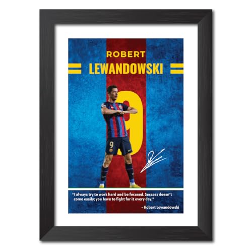 Image of TenorArts Robert Lewandowski Quotes Poster Frame Barcelona Laminated Photo Framed Painting with Matt Finish Black Textues (12 inches x 9inches)