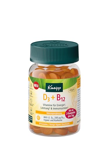 Kneipp Vitamin D3 + B12 Gummies - Orange-Ingwer-Geschmack - Vitamine für Energie Leistung und Immunsystem - vegan - 30 Stück