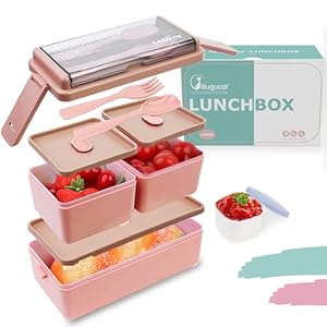 Bugucat Lunchbox 1400ML, Dubbele Stapelbare Bento Box Container Meal Prep Containe Met Bestek, Verzegelde Versbewarende Doos, Alles in één Lekvrije BPA Gratis Lunchbox voor Volwassenen en kinderen Roze