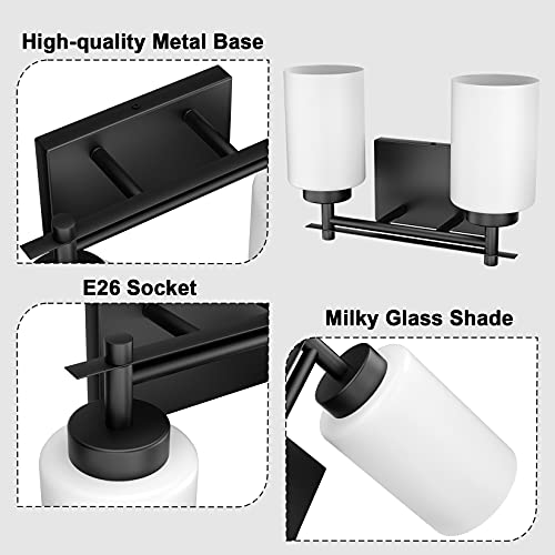 Image of Aipsun Black Bathroom Vanity Lights Fixtures Vintage 2 Lights Sconces Industrial Vanity Lighting Fixtures Milky Glass Shades(Exclude Bulb)