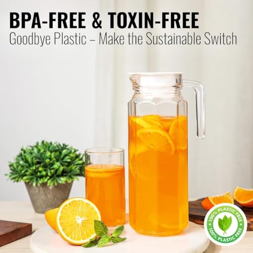 Image of Water Jug - Detox Glass Jugs with Lid for Dining Table - Elegant 1100 ml Transparent Pitcher for Juice, Iced Tea, Infused Water, Milk, Lemonade, Hot & Cold Beverages, Lumo