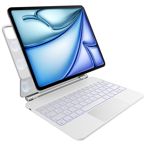 Tastiera per iPad Air da 13" (M3 2025/M2 2024) e iPad Pro 12,9" (6°, 5°, 4°, terza generazione), retroilluminazione a 7 colori, touchpad multi-touch, design magnetico galleggiante, AZERTY, bianco