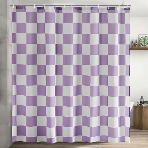 Duschvorhang 180×200cm - Karierter Badevorhang Retro Schachbrett Shower Curtain Polyester Textil Vorhang Anti Schimmel Wasserdichter Schnelltrocknend Waschbar für Badewanne mit 12 Haken (Violett)
