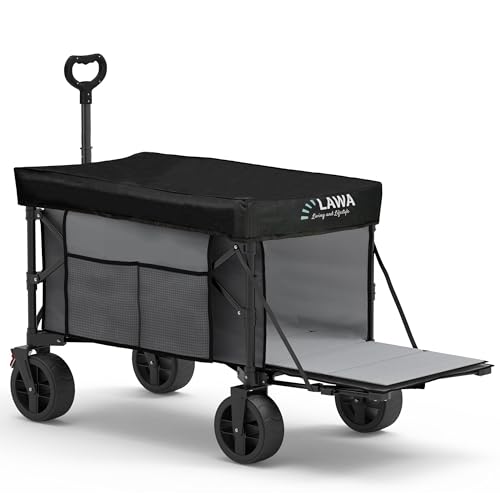 Carrello pieghevole con tetto, robusto carrello a mano, portata 100 kg, volume 130 l, leggero e compatto, ideale per spiaggia e campeggio (grigio con tetto)