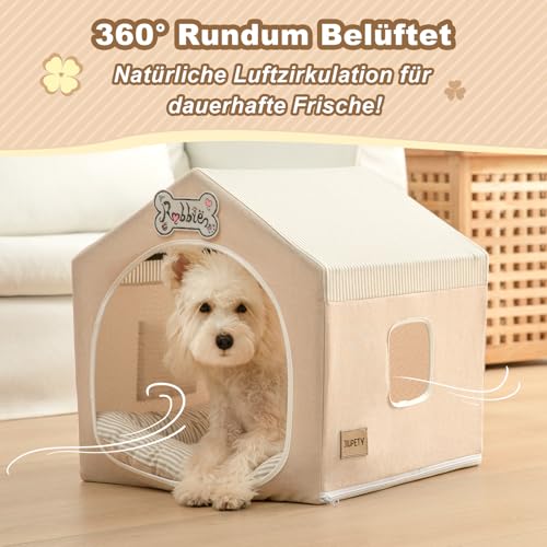 Jiupety Hundehöhle Hundehütte Indoor mit Rahmen, Waschbare, Zusammenklappbare Hundezelt, Hundehaus für Drinnen, Belüftbares Hundebett mit Dach für 4-9 kg, M Größe 43x43x43 cm, Beige