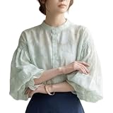 [UQQA] ブラウス レディース 長袖 春 夏 【主役トップス シアー素材】 花柄 おしゃれ 上品 大人可愛い リラックス パフスリーブ 韓国 トレンド 透け感 グリーン L