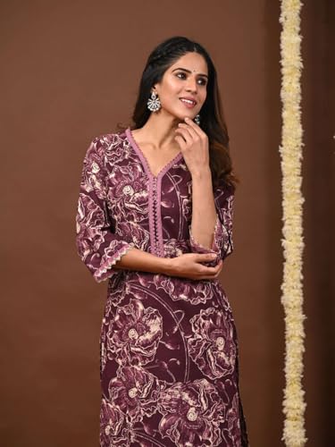 Image of Rimeline Women's Cotton Printed Kurta with Lace-Trim V-Neckline | Straight Fit Ethnic Wear for Festive, Casual & Office Use