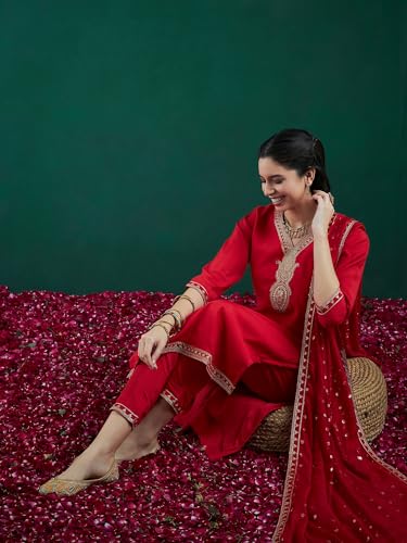 Image of INDO ERA Women's Straight Embroidered Kurta & Pant with Dupatta Set (KH9RD7924)