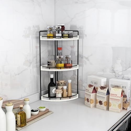 Image of Dorhors 3-Tier Corner Bathroom Organizer Countertop for Storage,Vanity Tray,Wood Counter Organizer for Kitchen,Bathroom,Dresser (Rustic White)