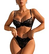 COZYEASE Women's 2 Piece Lingerie Set Floral Lace Sheer Badydoll Teddy Bra and Panty Set