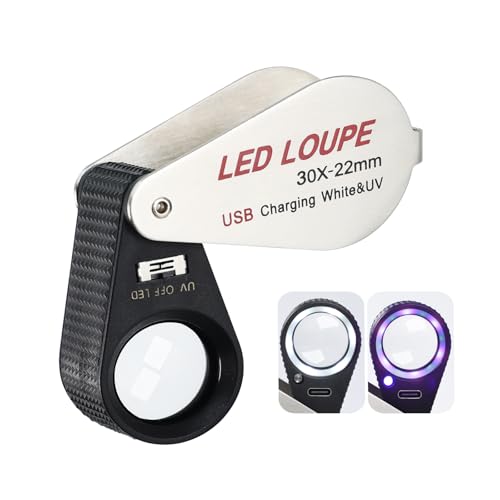 Illuminated Jewelers Loupe Magnifier 30x, Rechargeable Jewellery Magnifying Glass Foldable Jewelry Magnifier LED Loupe Triplet with 6 LEDs & UV Light for Gems, Jewelry, Coins, Stamps, etc