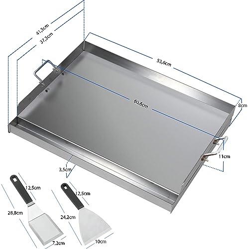 CAVATINY Edelstahl Grillplatte | 54x41x8 cm | Universal BBQ Plancha passend für Weber Gasgrill und Holzkohlegrill | Grillplatte mit Grill-Spachtel Schaber set