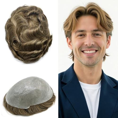 Toupee for Men Hair Pieces Mens Toupee Human Hair Replacement System Invisible V-Looped 0.06mm Thin Skin Mens Hair Units Wigs #710 Very Light Brown+10% Gray
