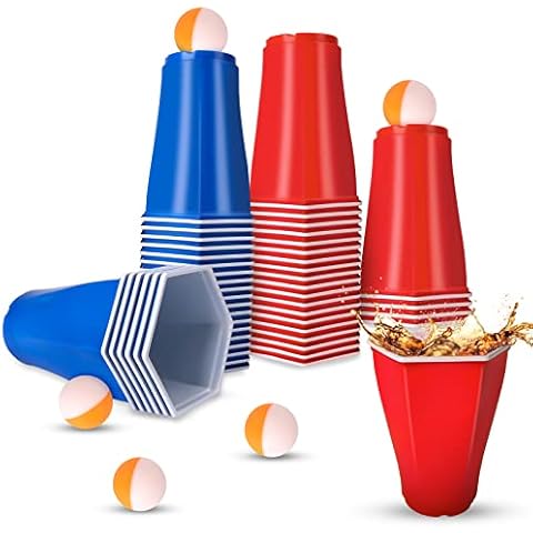 Beer Pong Cups Reusable Pack of 50 Beer Pong Party Cups Plastic Cups Red and Blue Drinking Cups 450 ml 16 oz with 5 Table Tennis Beer Pong Set for Bar Party Birthday Wedding Games Cover