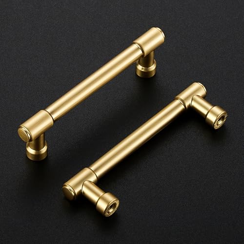 Image of Ravinte Brushed Gold Kitchen Pulls Cabinet Handles 3-3 /4 Inch 2 Pack | Solid Zinc Alloy, Round T-Bar Shape, Screws Included, Dresser Handles, Cabinet Drawer Pulls, for Kitchen Cupboard Hardware
