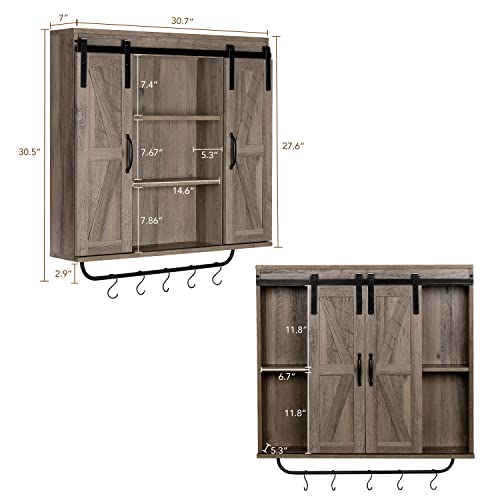 Rustown Rustic Wood Wall Storage Cabinet With Two Sliding Barn Door, 3-Tier Decorative Farmhouse Vintage Cabinet For Kitchen Dining, Bathroom, Living Room, Washed Oak #TOP3