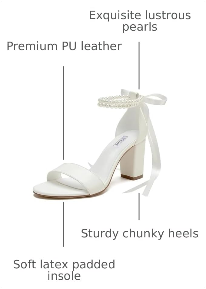 Image of Pearl Wedding Shoes Open Toe Block Heel Wedding Sandals Chunky Heel Bridal Shoes