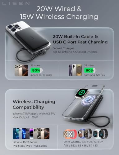 Image of LISEN 0.5'' Ultra Slim MagSafe Power Bank for iPhone and Apple Watch,10000mAh MagSafe Battery Pack,Alloy Magnetic Portable Charger for iPhone 16 Pro Max Plus /15, Apple Watch S11 /S10 S9 SE,Black