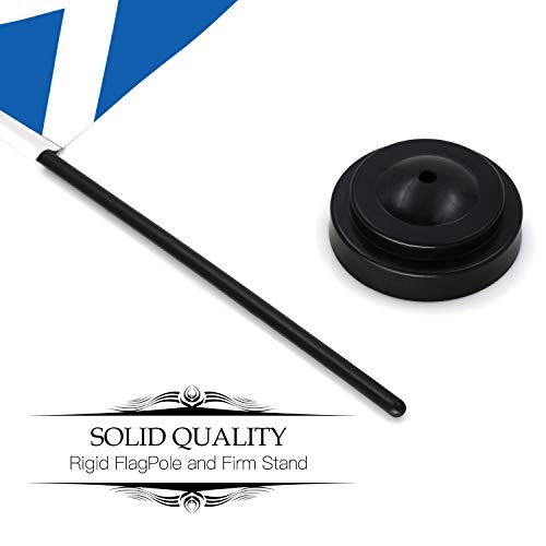 Anley Scotland Deluxe Desk Flag Set - 6 X 4 Inch Miniature Scottish Desktop Flag With 12" Solid Pole - Vivid Color And Fade Resistant - Black Base And Spear Top #TOP5