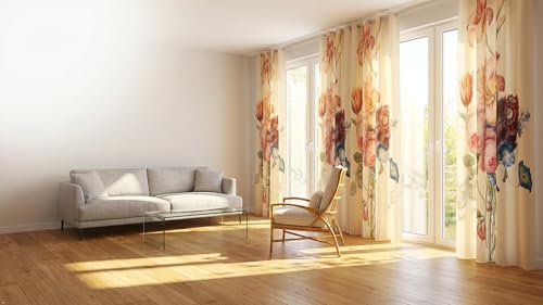 Image of Floral Printed Window Curtain for Living Room & Bedroom | Premium Polyester Door Curtain | Elegant Flower Design Drapes | Light Filtering Home Decor Curtain | Cream Multicolor (1 Pcs)