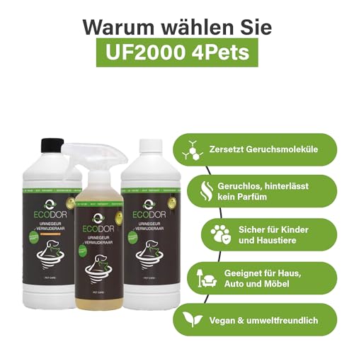 Ecodor UF2000 4Pets Uringeruch Entferner 500ml | 100% Biologischer Urin-Geruchsentferner für Katzen und Hunde Uringeruch | Parfümfrei, Effektiv für Haustiere | Anwendbar auf Holz, Beton, Textilien