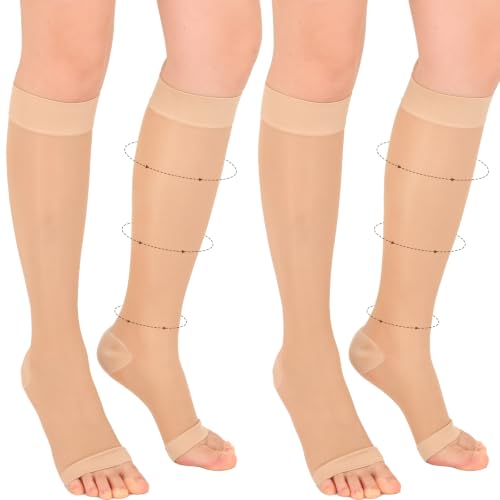 Image of 15-20mmHg Sheer Compression Socks for Women, 2 Pairs Knee High Compression Socks, Closed Toe Medical Compression Stockings for Swelling Shin Splints Varicose Veins