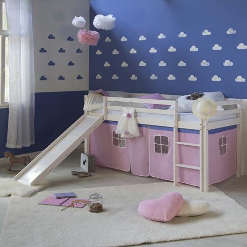 Homestyle4u 2552, Kinderhochbett Leiter Weiß 90 x 200 cm Holz Kiefer Spielbett Hochbett rosa Vorhang Rutsche Lattenrost Homestyle4u 2552, Kinderhochbett Leiter Weiß 90 x 200 cm Holz Kiefer Spielbett Hochbett rosa Vorhang Rutsche Lattenrost