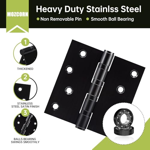 MOZCORN 6 Pack Black Door Hinges 4 x 4 Inches, Heavy Duty Stainless Steel Ball Bearing Hinges with Screws, Square Corner, Smooth and Quiet by MOZCORN - Image 3